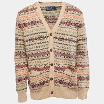 Pre Owned Polo Ralph Lauren Camel Fair Isle Knit Button Front Cardigan L