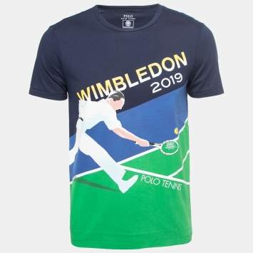 Pre Owned Polo Ralph Lauren X Wimbledon Navy Blue Tennis Print Cotton T-Shirt M