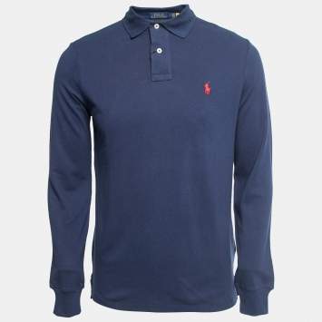Pre Owned Polo Ralph Lauren Navy Blue Cotton Classic Fit Long Sleeve Polo T-Shirt S