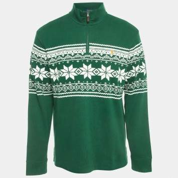 Pre Owned Polo Ralph Lauren Green Cotton Printed Zip-Up Sweater L