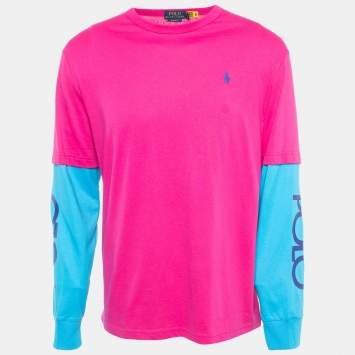 Pre Owned Polo Ralph Lauren Pink/Blue Cotton Classic Fit Long Sleeve T-Shirt M