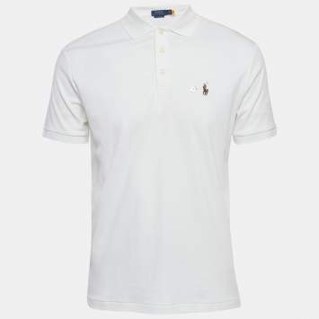 Pre Owned Polo Ralph Lauren White Logo Embroidered Cotton Polo T-Shirt M