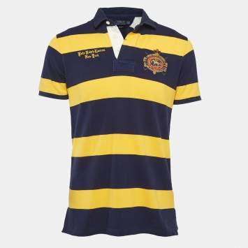 Pre Owned Polo Ralph Lauren Blue/Yellow Striped Pique Cotton Polo T-Shirt M
