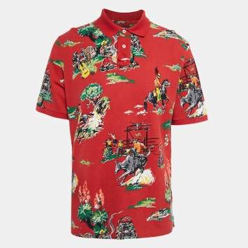 Pre Owned Polo Ralph Lauren Red Printed Cotton Pique Polo T-Shirt L