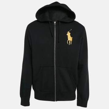 Pre Owned Polo Ralph Lauren Black Logo Embroidered Knit Zip-Up Hoodie M