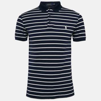 Pre Owned Polo Ralph Lauren Blue Striped Cotton Pique Polo T-Shirt M