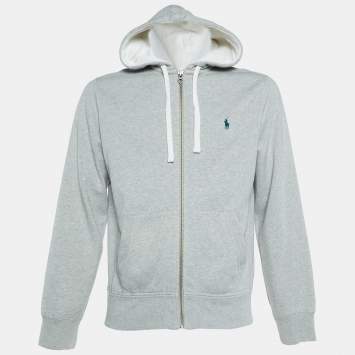 Pre Owned Polo Ralph Lauren Grey Cotton Knit Zip Up Hooded Jacket M