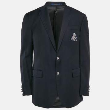Pre Owned Polo Ralph Lauren Navy Blue Wool Applique Detail Single Breasted Blazer XL