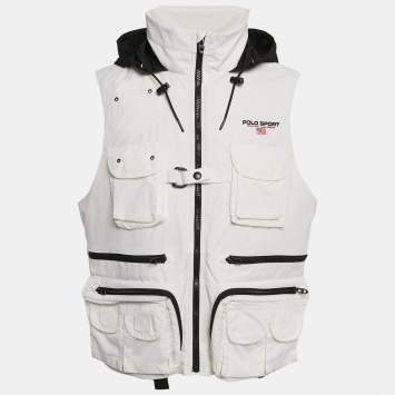 Pre Owned Polo Ralph Lauren White Nylon Zip-Up Hooded Utility Vest M