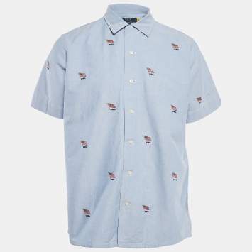 Pre Owned Polo Ralph Lauren Blue Flag Embroidered Cotton Half Sleeve Shirt L