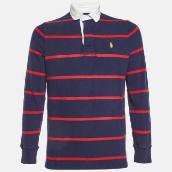 Pre Owned Polo Ralph Lauren Navy Blue Striped Cotton Polo T-Shirt M