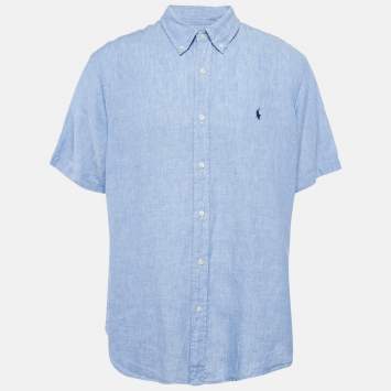 Pre Owned Polo Ralph Lauren Blue Linen Half Sleeve Button Down Classic Fit Shirt XXL