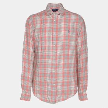 Pre Owned Polo Ralph Lauren Pink/Grey Checkered Linen Classic Fit Shirt L