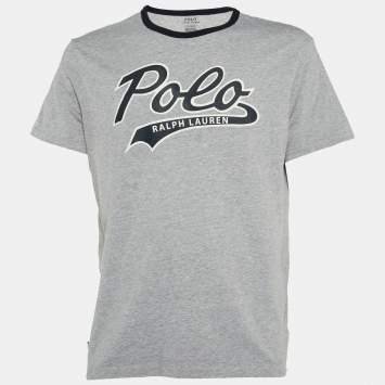 Pre Owned Polo Ralph Lauren Grey/Navy Blue Logo Print Cotton Crew Neck T-Shirt L