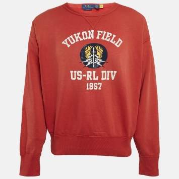 Pre Owned Polo Ralph Lauren Red Printed Vintage Fit Crew Neck Sweatshirt M