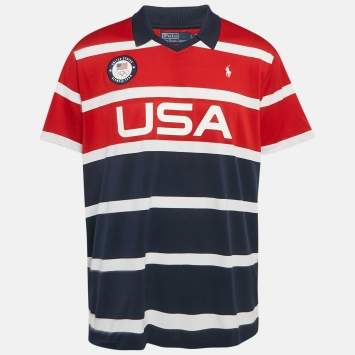 Pre Owned Polo Ralph Lauren Navy Blue/Red Stripe Printed Jersey Polo T-Shirt XL