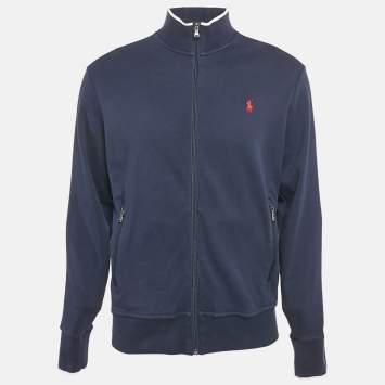 Pre Owned Polo Ralph Lauren Navy Blue Cotton Knit Zip-Up Contrast Trimmed Jacket M