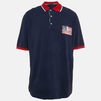 Pre Owned Polo Ralph Lauren Navy Blue Cotton Pocket Printed Polo T-Shirt XL