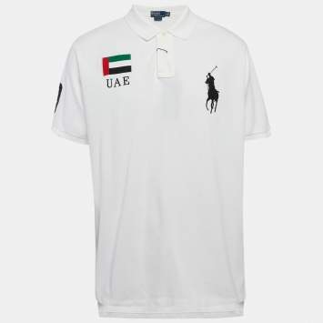 Pre Owned Polo Ralph Lauren White Applique Pique Cotton Polo T-Shirt XXL