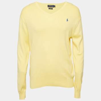 Pre Owned Polo Ralph Lauren Yellow Cotton Knit V-Neck Sweater L