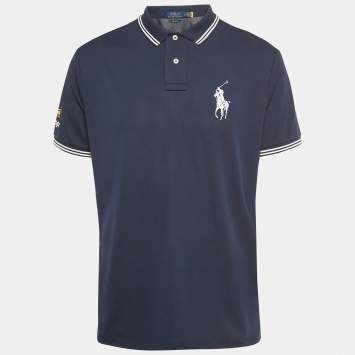 Pre Owned Polo Ralph Lauren Navy Blue Logo Print Jersey Polo T-Shirt L