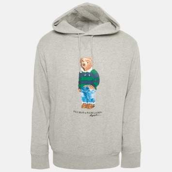 Pre Owned Polo Ralph Lauren Grey Polo Bear Print Cotton Hoodie L