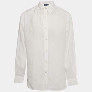 مملوكة مسبقًا Polo Ralph Lauren White Logo Embroidered Linen Shirt XL