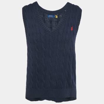Pre Owned Polo Ralph Lauren Navy Blue Cable Knit V-Neck Vest L