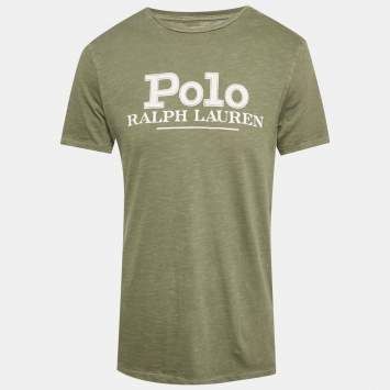 Pre Owned Polo Ralph Lauren Olive Green Logo Printed Cotton Knit T-Shirt M