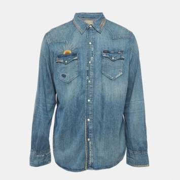 Pre Owned Polo Ralph Lauren Blue Embroidered Denim Shirt L