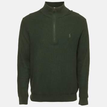 Pre Owned Polo Ralph Lauren Green Mesh Knit Cotton Quarter Zip Sweater L