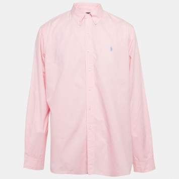 مملوكة مسبقًا قميص بولو رالف لورين قطن زهري بمربعات كلاسيك مقاس كبير جدًا - إكس لارج