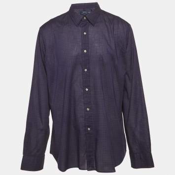 Pre Owned قميص بولو رالف لورين قطني مطبوع أزرق بقصة ضيقة مقاس كبير جدًا - إكس إكس لارج