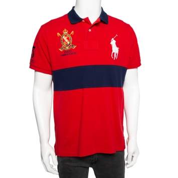 Pre Owned Polo Ralph Lauren Red & Navy Blue Cotton Pique Summer Classic Slim Fit Polo T-Shirt L