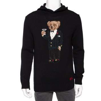 Pre Owned Polo Ralph Lauren Black Martini Bear Wool Knit Hoodie M