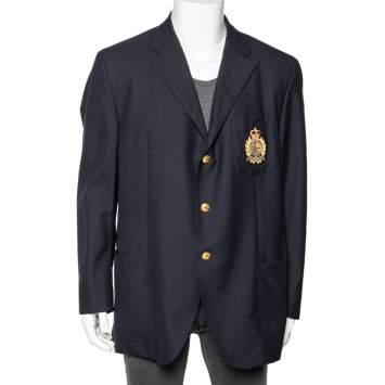 Pre Owned Polo Ralph Lauren Navy Blue Wool Logo Crest Embroidered Blazer 5XL