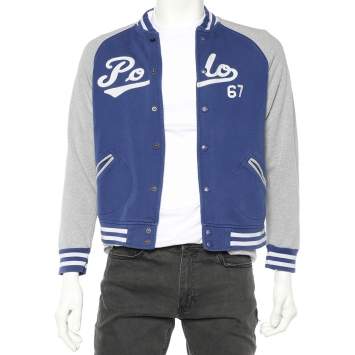 Pre Owned Polo Ralph Lauren Blue & Grey Cotton Knit Logo Embroidered Button Front Jacket L