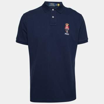 Pre Owned Polo Ralph Lauren Navy Blue Cotton Bear Embroidered Polo T-Shirt L