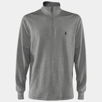 Pre Owned Polo Ralph Lauren Grey Knit Zip Front Embroidered Long Sleeve Sweater L