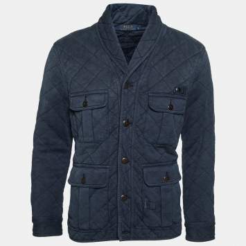Pre Owned Polo Ralph Lauren Navy Blue Quilted Cotton Terry Cardigan Jacket L