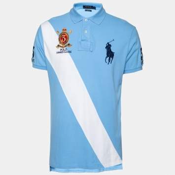 Pre Owned Polo Ralph Lauren Blue Cotton Pique Custom Fit Polo T-Shirt L