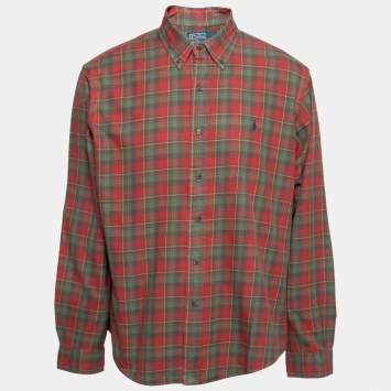 Pre Owned Polo Ralph Lauren Red Plaid Cotton Button Down Custom Fit Shirt XL