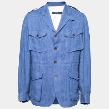 Pre Owned Polo Ralph Lauren Blue Linen Side Slit Button Front Jacket XS