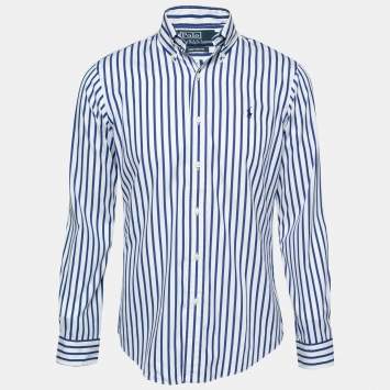 Pre Owned Polo Ralph Lauren White and Blue Striped Cotton Long Sleeve Shirt S