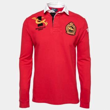 Pre Owned Polo Ralph Lauren Red Cotton Embroidered Long Sleeve Polo T-Shirt M