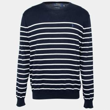 Pre Owned Polo Ralph Lauren Navy Blue Striped Cotton Knit Sweater L