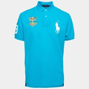 Pre Owned Polo Ralph Lauren Blue Cotton Pique Custom Fit Polo T-Shirt XL