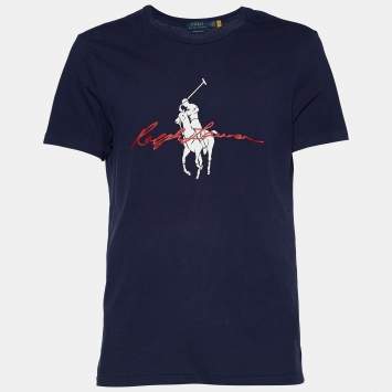 Pre Owned Polo Ralph Lauren Navy Blue Logo Print Cotton Crew Neck T-Shirt L