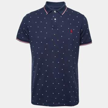 Pre Owned Polo Ralph Lauren Blue Star Print Slim Fit Polo T-Shirt L