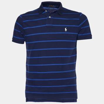 Pre Owned Polo Ralph Lauren Navy Blue Striped Cotton Knit Polo T-Shirt L